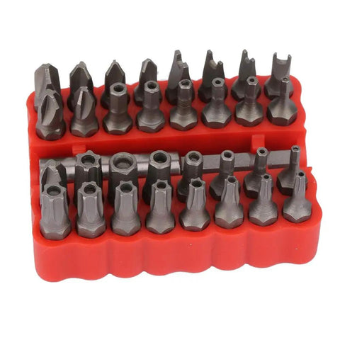 Rock Solid 33 Piece Hollow Bit Kit With Premium Chrome Steel Drill Bits For Tough Woodworking And Metal Jobs Plus Handy Plastic Storage Box That Keeps Things Tidy On Your Next Cool DIY Project Anywhere You Go. 33-piece chrome steel bit set in red storage tray