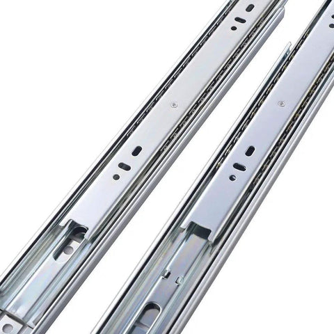 Ten Pairs Of 24 Inch Full Extension Drawer Slides With Ball Bearing Side Mount Low Noise Operation Half Inch Thick One Point Seven Seven Inch Wide Heavy Duty Hardware For Kitchen Cabinets Or Dressers showing close-up