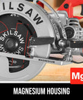 Lightweight Worm Drive Circular Saw With 15 Amp Engine And 7 1/4 Inch Blade showing magnesium housing detail and cutting blade.