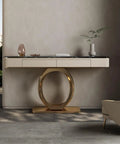 Dead Fresh Modern Console Table With Two Sneaky Push Down Drawers Heavy Duty Industrial Metal Frame Entryway Stand Goes Hard Behind The Couch In Sleek Black Finish Style, featuring gold and black accents.