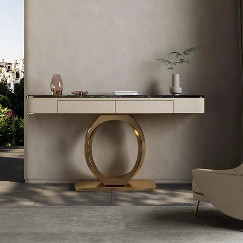 Dead Fresh Modern Console Table With Two Sneaky Push Down Drawers Heavy Duty Industrial Metal Frame Entryway Stand Goes Hard Behind The Couch In Sleek Black Finish Style, featuring gold and black accents.