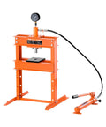 10 Ton H-Frame Hydraulic Shop Press With Plate And Base in orange finish, showing hydraulic pump and gauge for auto repair tasks.