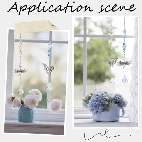 Do It Yourself Suncatcher Kit With Rainbow Prism Beads and Filigree Butterfly Dragonfly Charms displayed on window