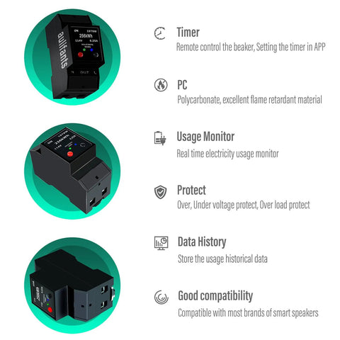 WiFi Energy Monitor Watt Meter With Breaker Switch And Phone App Remote Control showing features and material