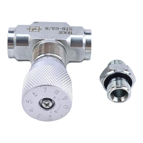 Front view of 3/8-inch hydraulic flow control valve with knurled adjustment dial and threaded inlet, silver metal body