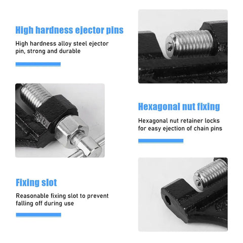 Close-up of Beefed Up Chain Breaker Tool showing hexagonal nut, hardness ejector pins, and fixing slot with descriptions.