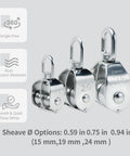 Three Beefy Double Wheel Swivel Pulley Blocks M15, M20, M25 in stainless steel, showing size options and corrosion resistance features.