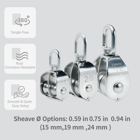 Three Beefy Double Wheel Swivel Pulley Blocks M15, M20, M25 in stainless steel, showing size options and corrosion resistance features.