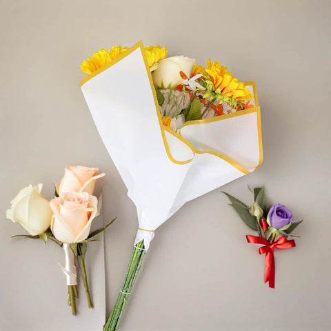 Waterproof Matte Flower Bouquet Wrapping Paper Set 60 Sheets No Fuss Easy Peasy Floral Packaging with sunflowers and roses.