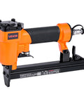Pro Grade Pneumatic Staple Gun For Woodworking And Upholstering Projects Featuring Slick Firing 22 Gauge Design with black grip and orange body.