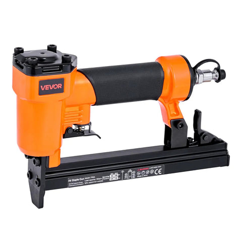 Pro Grade Pneumatic Staple Gun For Woodworking And Upholstering Projects Featuring Slick Firing 22 Gauge Design with black grip and orange body.