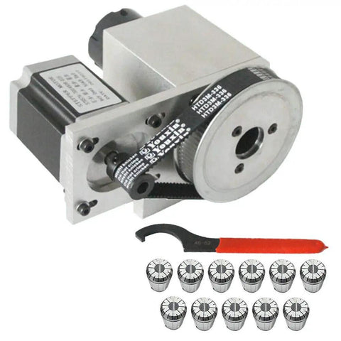 Slick 4 Axis Cnc Rotary Table With Beefy Stepper Motor And Hollow Shaft Kit Plus 11 Pc Er32 Spring Collet Set, includes motor and collets.