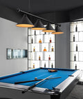 Game room with a 59 Inch Billiard Pool Table Light With Pull Chain Pendant Fixture, Three Matte Black Shades, above a pool table.