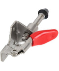 Stainless Steel Toggle Clamp With Quick Release, Heavy Duty Welding Fixture Hand Tool with red handle shown in close-up angle