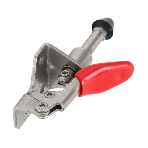 Stainless Steel Toggle Clamp With Quick Release, Heavy Duty Welding Fixture Hand Tool with red handle shown in close-up angle