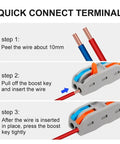 Quick connect terminal instructions with wire peeling, inserting, and securing steps for electrical connections.