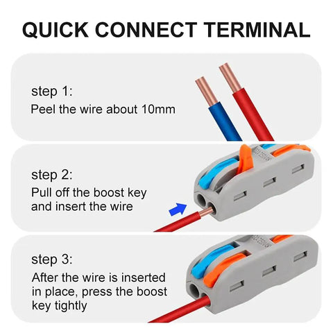 Quick connect terminal instructions with wire peeling, inserting, and securing steps for electrical connections.