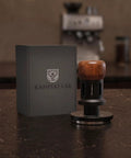 58Mm Espresso Tamper With Self Leveling Base, Spring Loaded And Audible Click, Stainless Ripple Base, Walnut Handle displayed