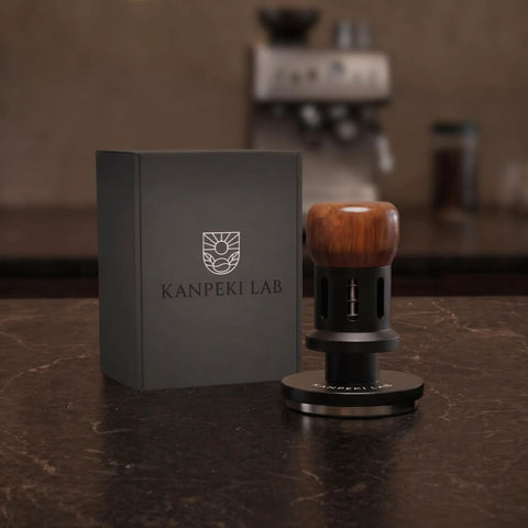 58Mm Espresso Tamper With Self Leveling Base, Spring Loaded And Audible Click, Stainless Ripple Base, Walnut Handle displayed