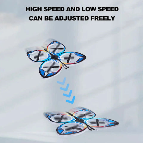 Mini Drone For Adults And Beginners, RC Butterfly Quad With Colorful LED Lights showing adjustable speed in flight demonstration