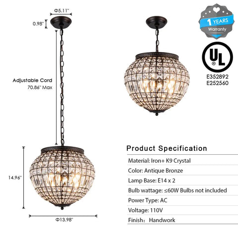 14 inch Crystal Pendant Light, 2-Light Antique Bronze Small Chandelier with adjustable cord and intricate crystal design.