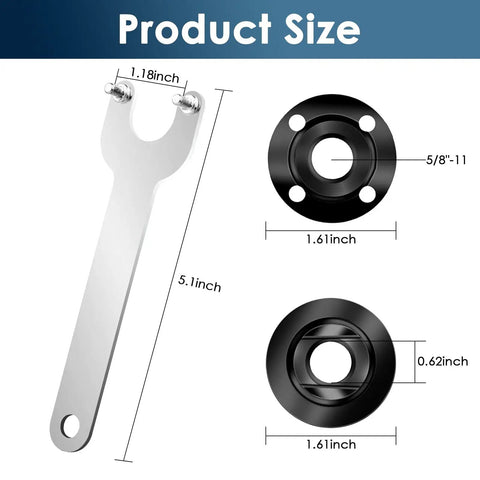 Badass 9 Piece Angle Grinder Tool Kit Featuring Heavy Duty Steel Flange Lock Nut Spindle Wrench for 5 8 11 Threads, 5.1 inch wrench and black flanges shown.
