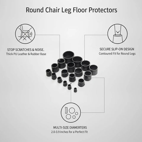 Slip On Round Chair Leg Floor Protectors For Hardwood Floors With Black PU Leather Cushioned Glide Pads in various sizes
