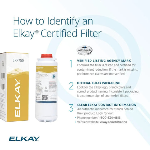 Elkay ERF750 filter packaging and cartridge details alongside certification identification tips.