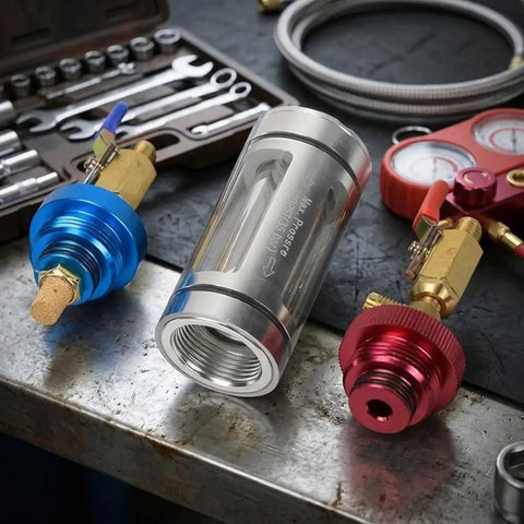 Heavy Duty Auto AC Oil Filter Kit With Visual Glass Tube including brass adapters and a clear sight tube for inspection.