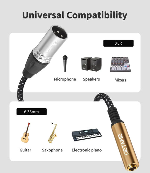 Universal compatibility of 6.35mm TRS female to XLR male balanced audio cable for various instruments and devices.