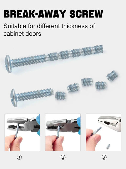 Break-away screws with multiple break points for cabinet knobs installation, shown with pliers for cutting to desired length