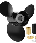 Aluminum Boat Propeller 12 and Three Quarter Inch Diameter 21 Pitch 3 Blades Right Hand Rotation 15 Spline Backup Replacement for Mercury Outboards 40 140HP OEM 48 77348A45 Hub Kits Included, angled view showing propeller with accessories