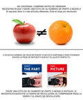 Image illustrating comparison with apple and orange for part identification, includes instructions for sending product number or pictures.