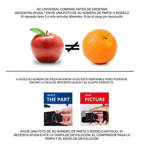 Image illustrating comparison with apple and orange for part identification, includes instructions for sending product number or pictures.