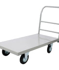 Heavy Duty Steel Platform Truck With A Roomy 24X48 Inch Deck And Rollin Smooth Rubber Swivel Wheels For 2000 LBS Capacity, side view.