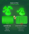 Comparison of Duramic 3D glow in the dark green PLA filament for prototyping models showing tangle-free and print quality differences.