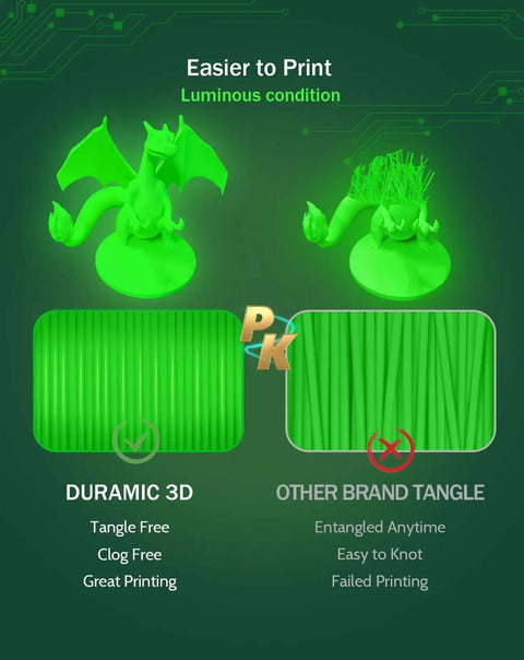 Comparison of Duramic 3D glow in the dark green PLA filament for prototyping models showing tangle-free and print quality differences.