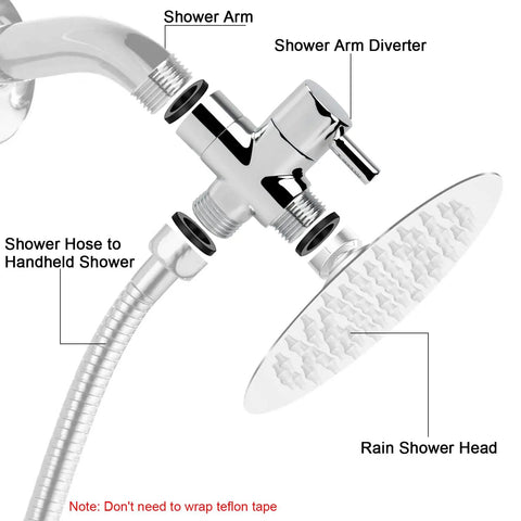 Solid Brass G One Half Inch Shower Arm With All Metal Universal 3-Way Diverter Valve No Leak For Handheld And Fixed Shower Heads Chrome Finish Replacement Adapter Kit showing diverter, hose, and shower head.
