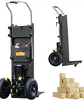 Get This Electric Stair Climbing Dolly With A Mighty 1500W Motor To Haul Heavy Furniture Upstairs Like A Boss, Featuring An 880 Lb Load Capacity And Smooth Stepless Speed Control For Easy Moving Jobs, showing a robust cart with large wheels.