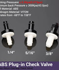 Front view of ABS plastic plug-in inline check valves in 1/4", 5/16", and 3/8" sizes with white bodies and black tops.