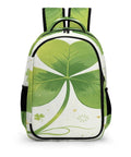 Front view of Green Three Leaf Clover Printed Unisex Backpack with large capacity, durable polyester build, smooth zipper