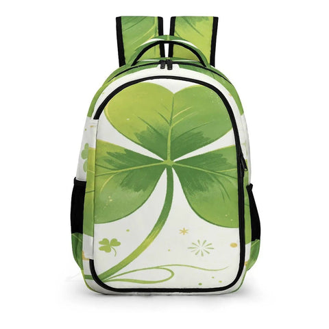 Front view of Green Three Leaf Clover Printed Unisex Backpack with large capacity, durable polyester build, smooth zipper