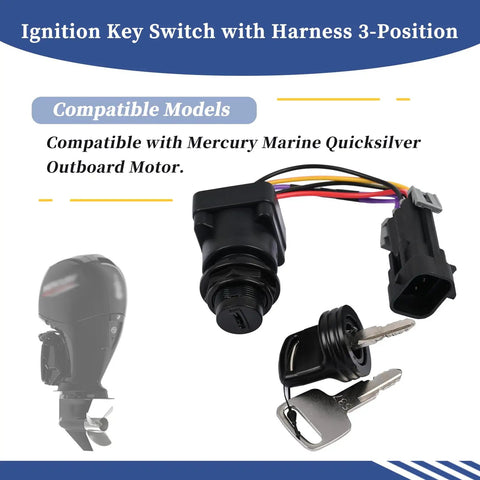 Ignition Key Switch With Harness For Mercury Marine Quicksilver Outboard Motors, 3-Position Replacement 8M0059686 897716