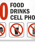 No Nonsense 7x10 Hdpe Wall Decal, Gotta Keep It Spotless, No Food Drinks Cell Phone Rule Sign displayed with icons on white background.