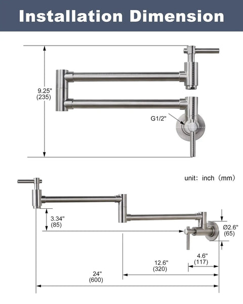 Installation dimensions for Brass Pot Filler Faucet Wall Mount, Brushed Nickel, Folding Stretchable Arm, Single Hole