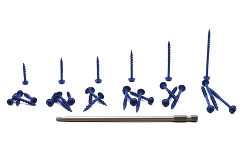 Pocket Hole Screws Kit For Woodworking, 135Pcs 12oz, 6 Sizes Blue Coarse And Fine Thread Self Tapping Screws, drive bit shown