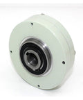Angled front view of light-gray magnetic powder brake with hollow shaft.