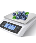 Huge Capacity Digital Kitchen Scale 30kg 66lb With LCD Display Stainless White Crisp Readings For Baking And Cooking Must Have For Home Chefs And Bakers Great For Coin Counting 6 Units Hold Function Adapter Included with blueberries on weighing platform