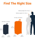 Rolling duffel luggage size comparison: two bags, navy 105L and orange 137L, with height references.