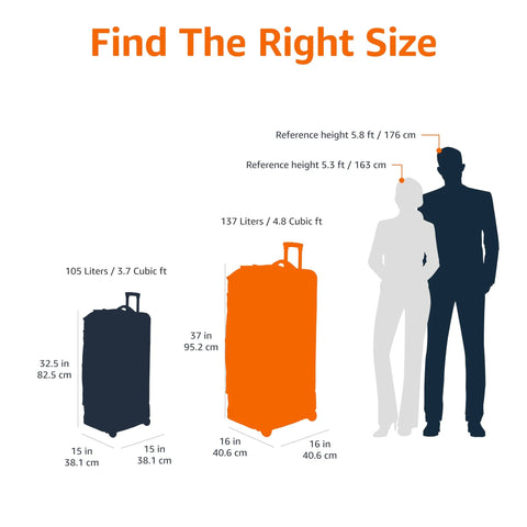 Rolling duffel luggage size comparison: two bags, navy 105L and orange 137L, with height references.